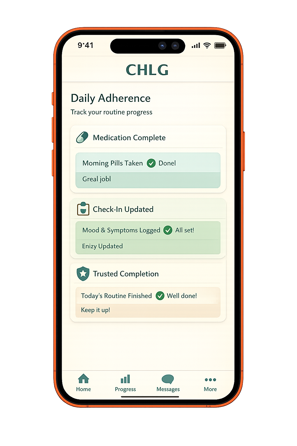 CHLG Health adherence and check-in screen