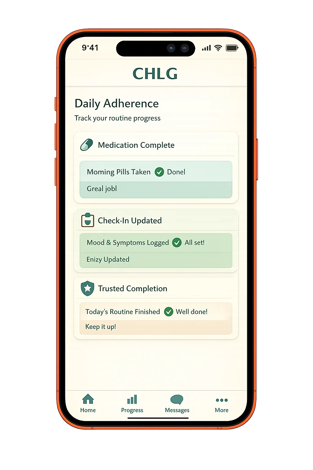 CHLG Health adherence and check-in screen